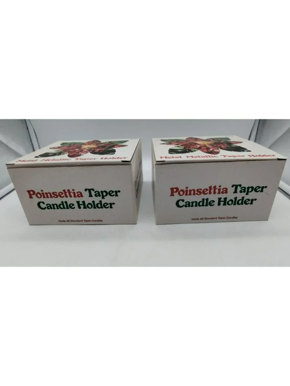 2 Vintage Christmas Taper Candle Holders Shiny metal Poinsettia Flower, Orig Box